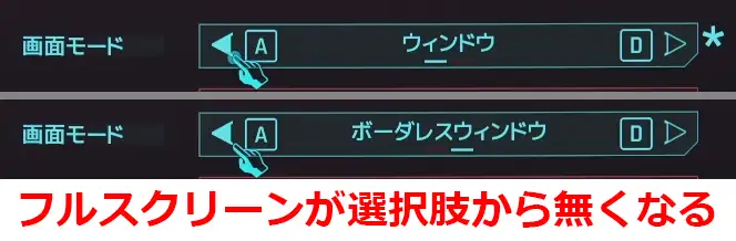 サイバーパンク フルスクリーンの選択肢が無くなる